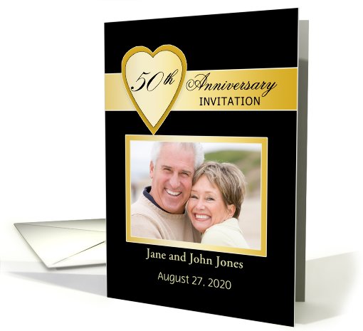 50th Wedding Anniversary Photo Card Invitation-Gold Look Heart card