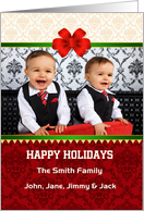 Christmas Greeting Photo Card-Happy Holidays Damask Background and Bow card