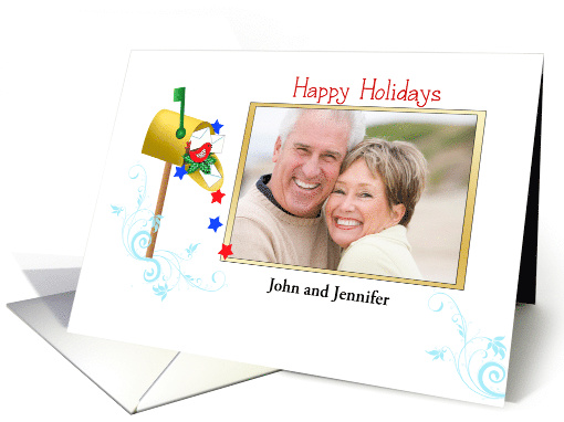 Patriotic Christmas Photo Card with Mail Box, Bird, Mail & Stars card