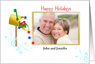 Patriotic Christmas Photo Card with Mail Box, Bird, Mail & Stars card
