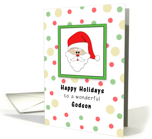 Godson Christmas Card with Santa Head, Happy Holidays and Dots card