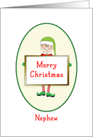 Nephew Christmas Card with Elf Holding Sign-Merry Christmas card