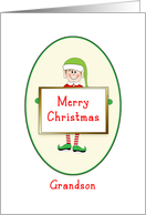 Grandson Christmas Card with Elf Holding Sign-Merry Christmas card