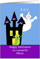 For Niece Halloween Card-Haunted House-Ghost and Green Gremlin card