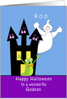 For Godson Halloween Card-Haunted House-Ghost-Green Gremlin card
