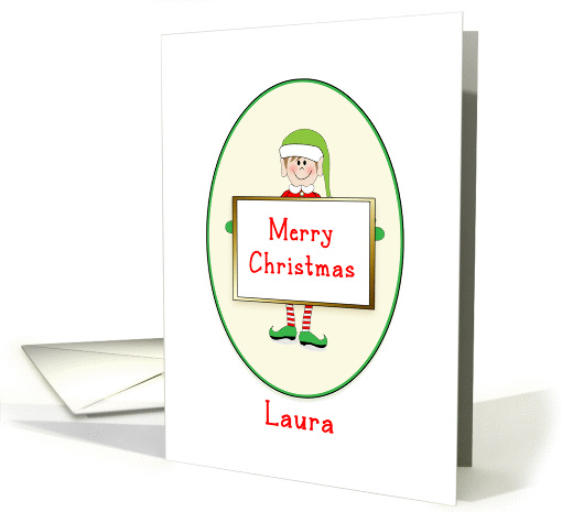 Laura - Christmas Card with Elf Holding Merry Christmas Sign card