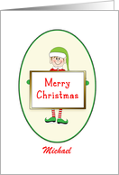 Custom Name Template Christmas Card- Elf Holding Merry Christmas Sign card
