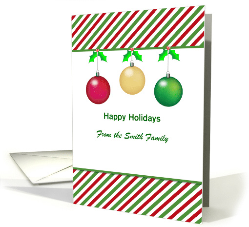 Customizable Christmas Card-Red Green Stripes-Three Ornaments card