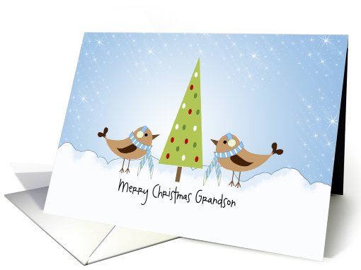 Grandson Merry Christmas Card-Boy Birds with Tree... (878425)