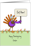 Godson Thanksgiving Card with Turkey Holding Sign Customizable text card