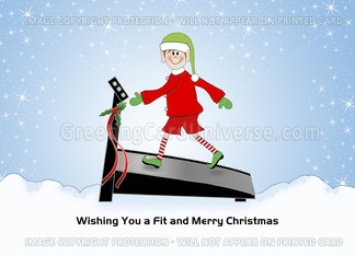 Christmas Fitness Card-Elf-Treadmill-Snow Scene-Custom Text