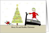Fitness Christmas Card-Elf on Treadmill-Bird-Tree-Customizable Text card