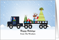 Rollback Wrecker Truck Christmas Card-Customizable Text-Reindeer-Tree card
