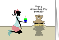 Happy Groundhog Day Birthday Greeting Card with Shadow-Retro Girl card