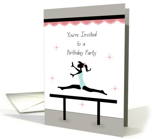 Gymnastics Birthday Party Invitation-Retro Girl on Balance Beam card