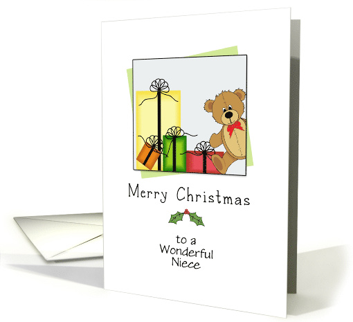 For Niece Christmas Card-Bear and Presents-Customizable Text card