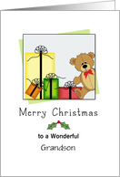 For Grandson Christmas Card with Bear & Presents-Customizable Text card