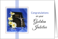 Golden Jubilee Religious Life Greeting Card-Crucifix- Bible-Blue card