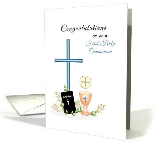 First Holy Communion Greeting Card-Cross-Bible-Wine-Wafer-Host card