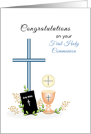 First Holy Communion Greeting Card-Cross-Bible-Wine-Wafer-Host card