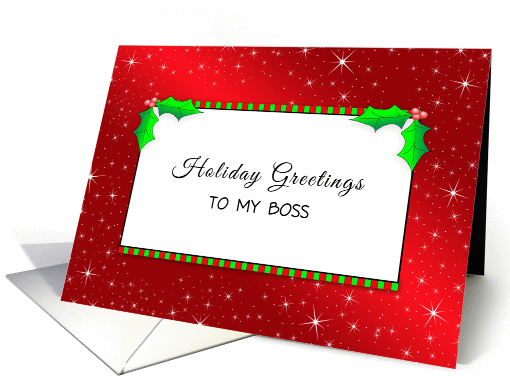 Boss Christmas Greeting Card-Red Background-Holly and Stripes card