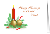 Christmas Card for Friend-Red Candle-Ornaments-Evergreen Branches card
