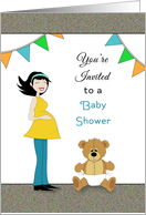 Baby Shower Invitation Card-Pregnant Girl and Bear Wearing a Diaper card