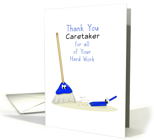 Thank You Caretaker Greeting Card with Broom-Dust Pan and Eyes card