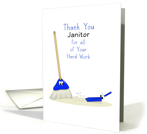 Thank You Janitor Greeting Card with Broom-Dust Pan and Eyes card