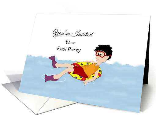 Pool Party Invitation Greeting Card-Boy Floating on an Inner Tube card