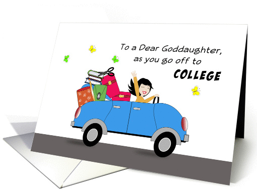 Goddaughter Off to College Greeting Card-Car-Retro Girl-Luggage- card