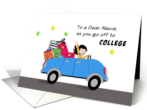 Niece Off to College Greeting Card-Car-Retro Girl-Luggage- card
