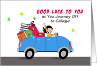 Off to College Greeting Card-Car-Girl Driving Car with Luggage & Books card