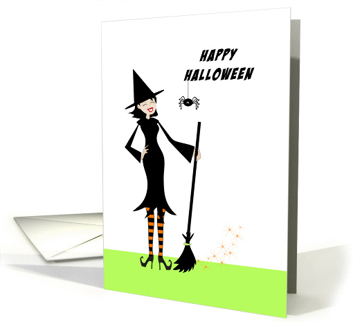 Halloween Greeting Card with Retro Girl Witch and Broom card (957953)
