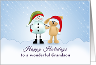 For Grandson Christmas Card-Snowman-Bunny Rabbit-Santa Hat card