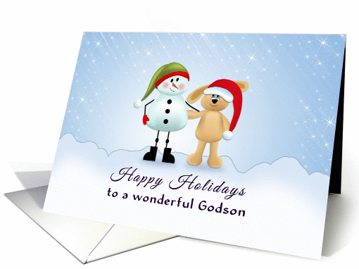 For Godson Christmas Card-Snowman-Bunny Rabbit-Santa Hat card (968277)