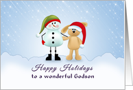 For Godson Christmas Card-Snowman-Bunny Rabbit-Santa Hat card