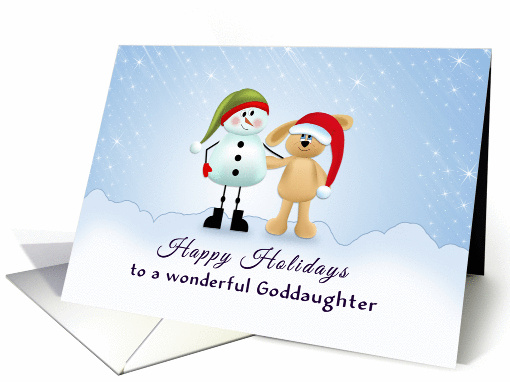 For Goddaughter Christmas Card-Snowman-Bunny Rabbit-Santa Hat card