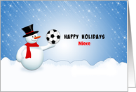 For Niece Christmas Snowman Soccer Ball Greeting Card-Custom Text card