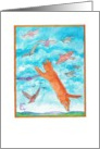 Orange tiger cat and birds fly in cerulean blue sky Catinka Knoth card