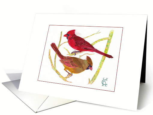 Cardinal birds male female couple watercolor Catinka Knoth card