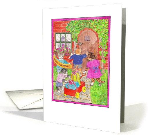 Four Cats Happy Birthday wagon of gifts for Party Catinka Knoth card