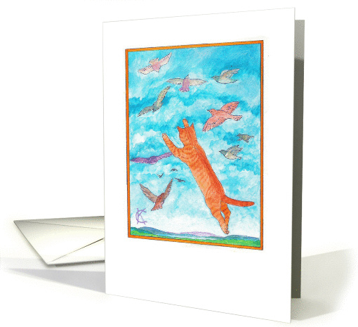 Orange tiger cat and birds fly in cerulean blue sky Catinka Knoth card