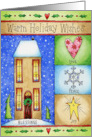 Happy Holidays, Blessings, Peace, Love, Joy, Primitive Art House card