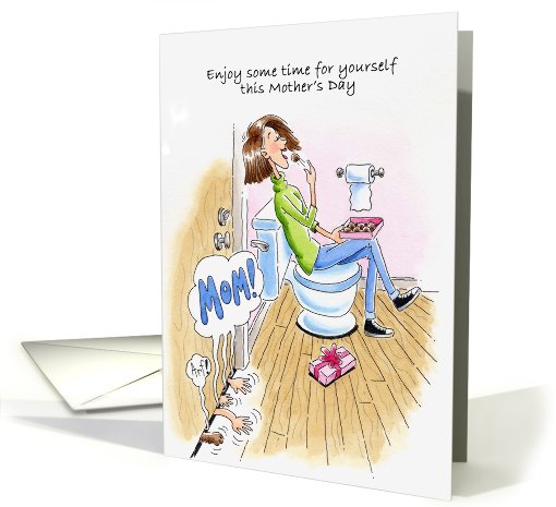 Mother's Day Card, lady eating chocolate behind locked door card