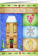 Happy Holidays, Blessings, Peace, Love, Joy, Primitive Art House card