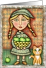 Apple Girl With Tabby Cat Card