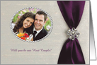 Host Couple, Plum Purple Satin Ribbon with Jewel, Photo Card