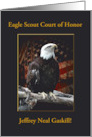 Eagle Scout Court of Honor, Custom Text, Eagle on Log with Flag card