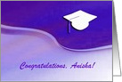 Congratulations, Anisha!, White Graduation Cap on Purple, Custom Text card